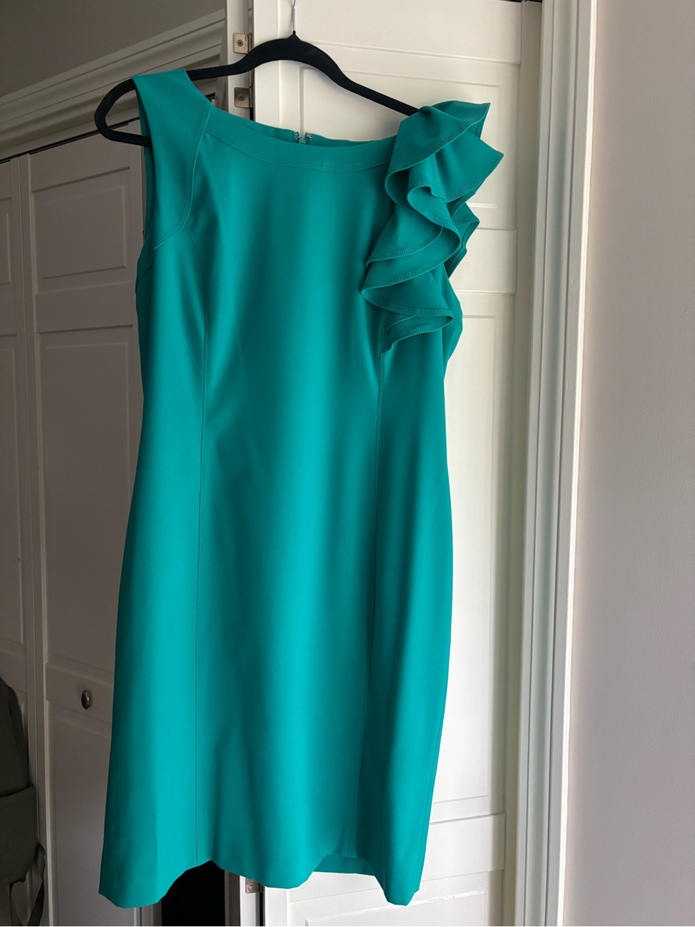 Calvin Klein Teal One-Shoulder Ruffle Sheath Dress
